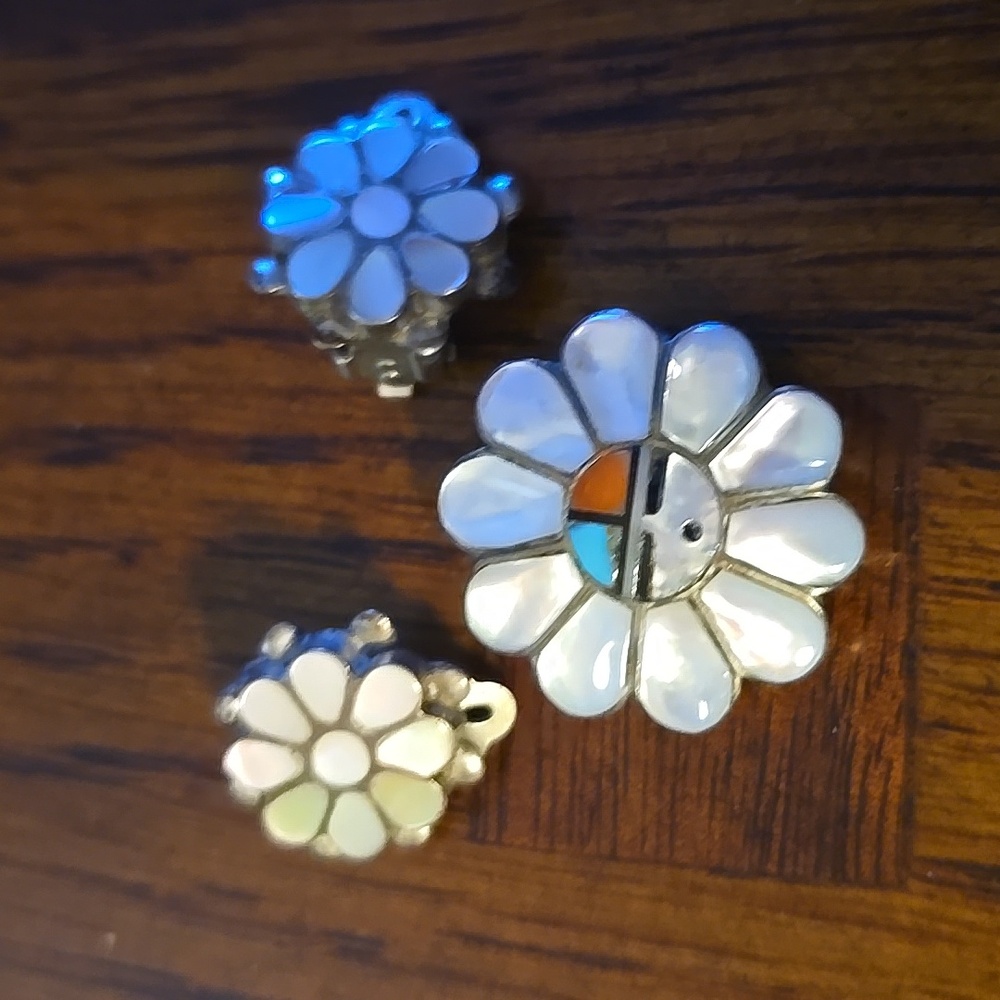 Sterling Silver Mother of Pearl Pin and Clip Earring Set